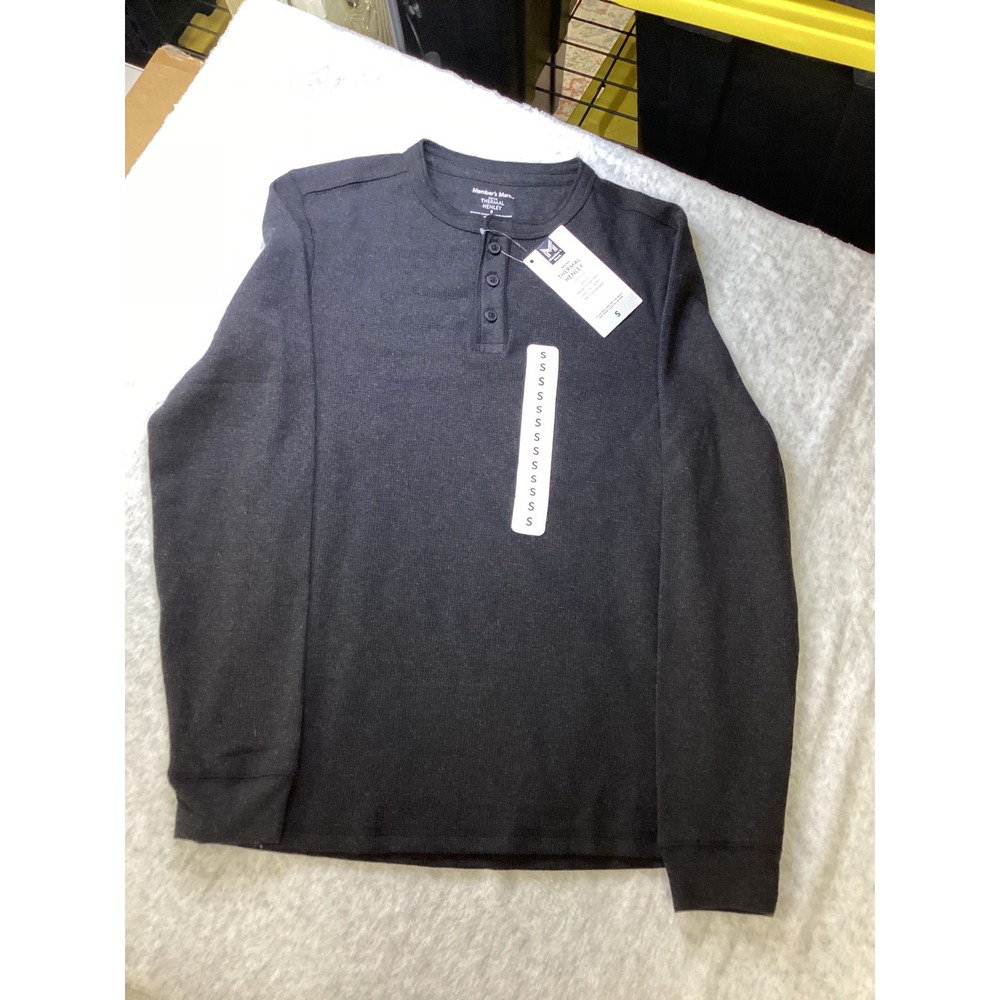 Member's Mark Mens Thermal Henley Shirt Black Long Sleeve Waffle Knit Small‎ NWT